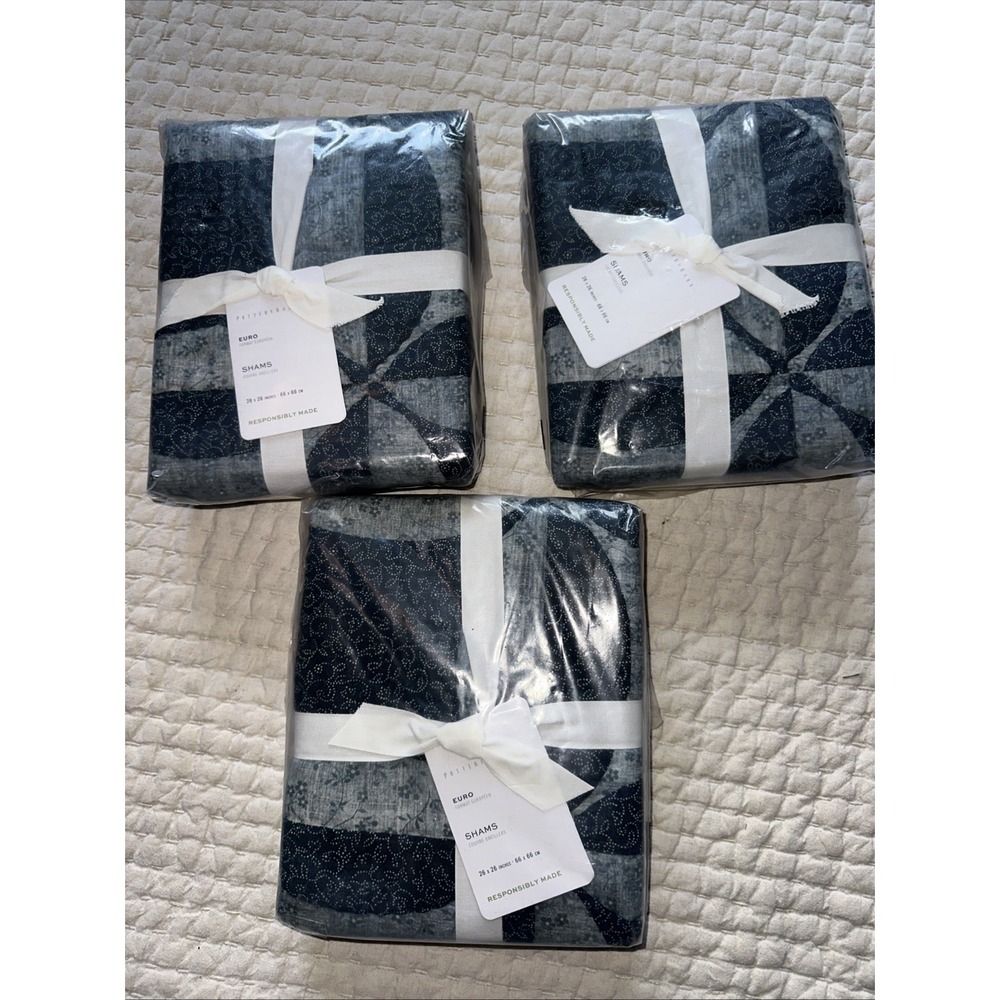 Pottery Barn Harper Blue Floral Quilted Euro Shams Set of 3 Cotton Bedding New